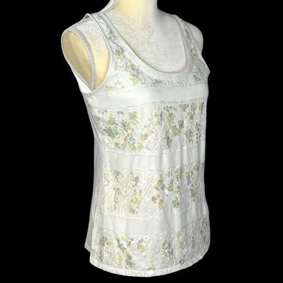 EXPRESS Women’s Tank Top Ivory Size SP Lace Sequins Striped Sleeveless Summer - Picture 5 of 13